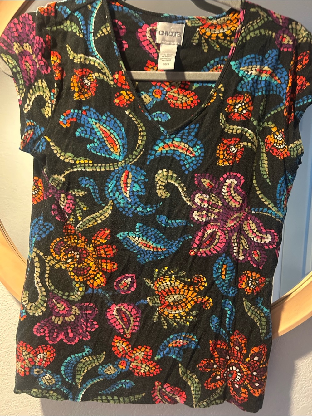 Chico's Black Short-Sleeve V-Neck Top with Bright Mosaic Floral Print
